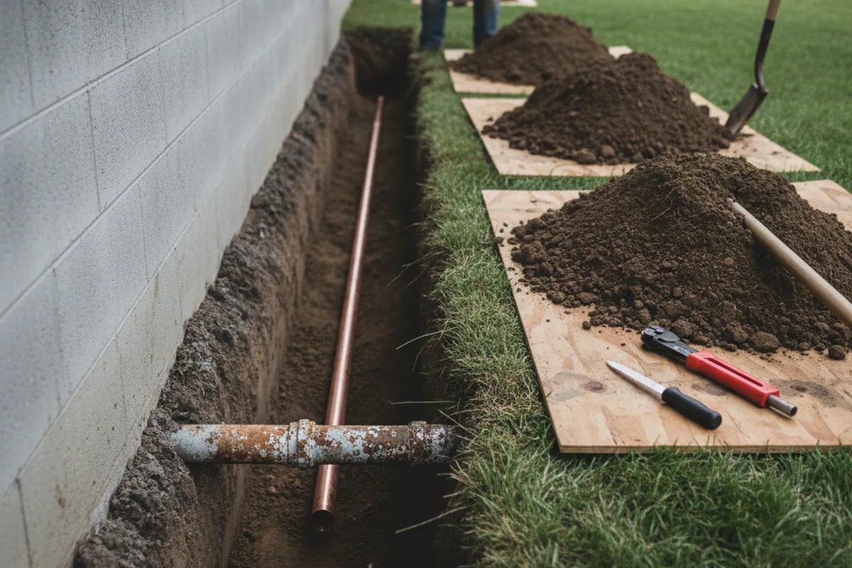 Excavated water line trench during Sewer Line Repair in Clarkdale